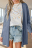 Blue Solid Color Rib Knit Open Front Tunic Cardigan