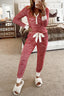 Red Stripe Buttoned V-Neck Top and Knotted Waist Pants Lounge Set