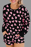 Black Valentine Heart Shape Print Long Sleeve Top Shorts Lounge Set